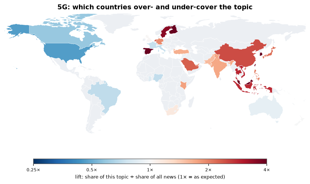 5G: World map: over- and under-coverage by country against all located news