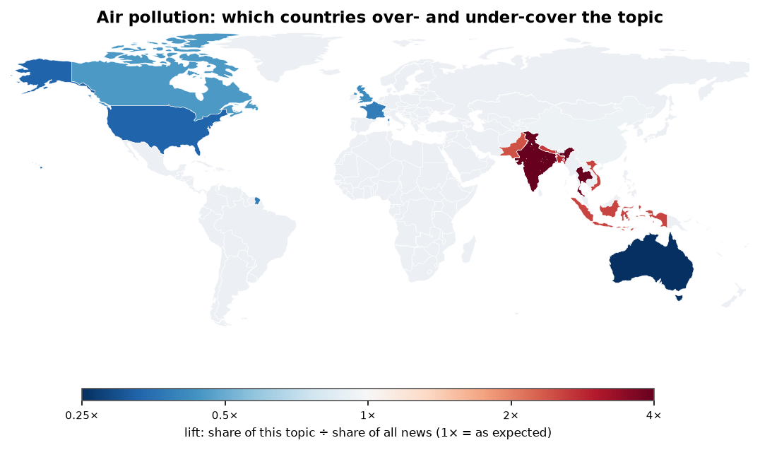 Air pollution: World map: over- and under-coverage by country against all located news