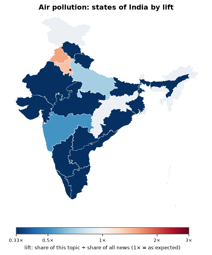 Air pollution: India: coverage by state against India's located news (official outline)