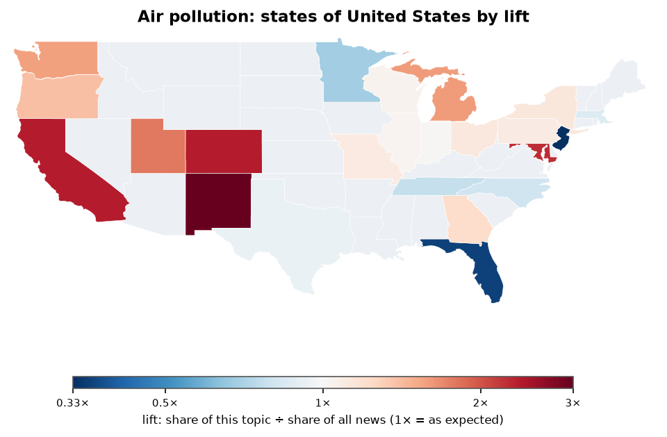 Air pollution: United States: coverage by state against US located news