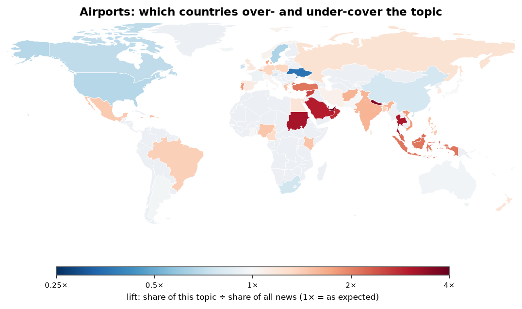Airports: World map: over- and under-coverage by country against all located news