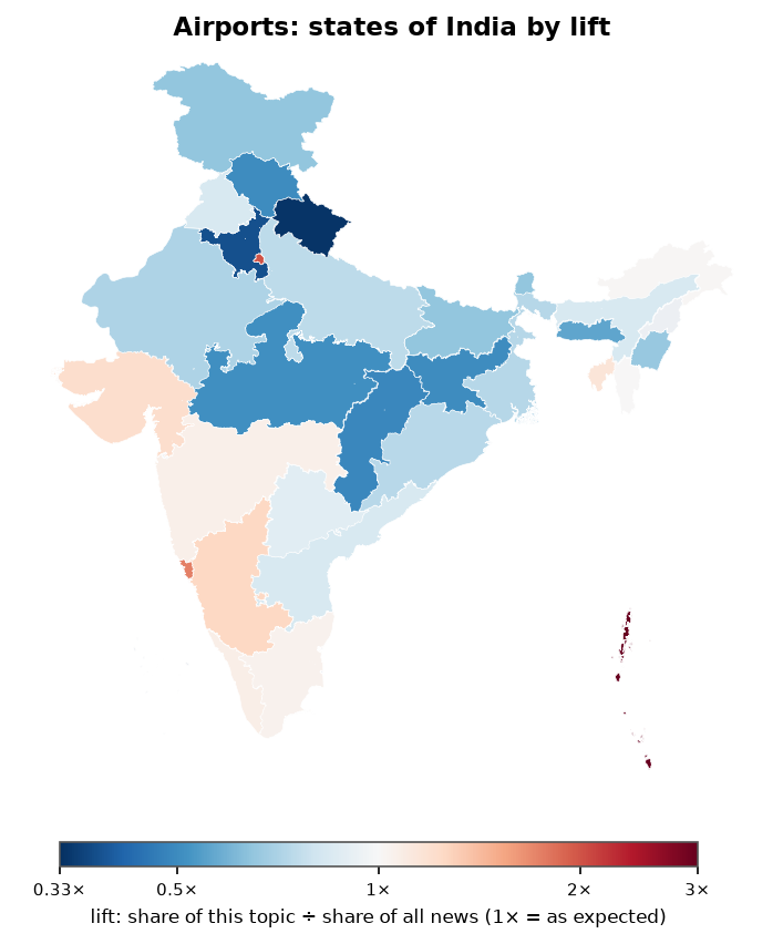 Airports: India: coverage by state against India's located news (official outline)