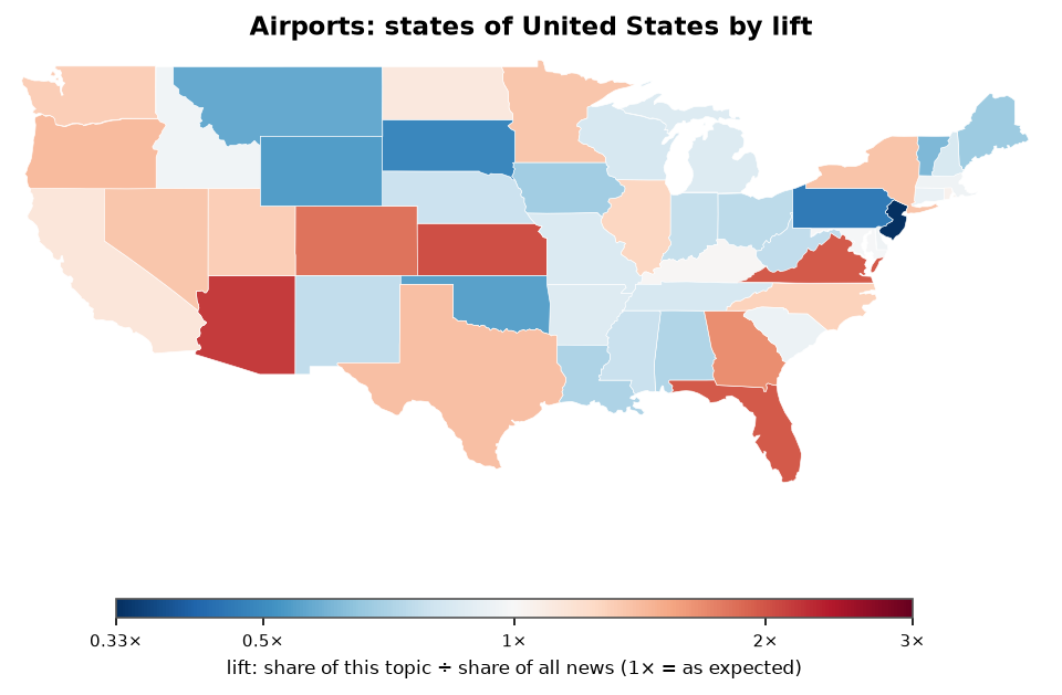 Airports: United States: coverage by state against US located news
