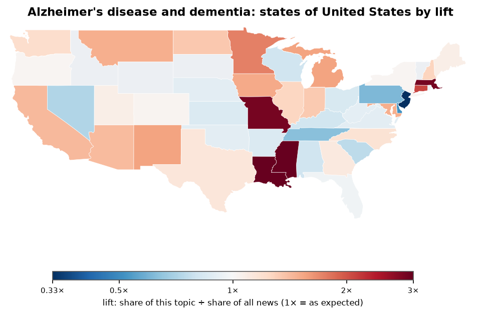 Alzheimer's disease and dementia: United States: coverage by state against US located news