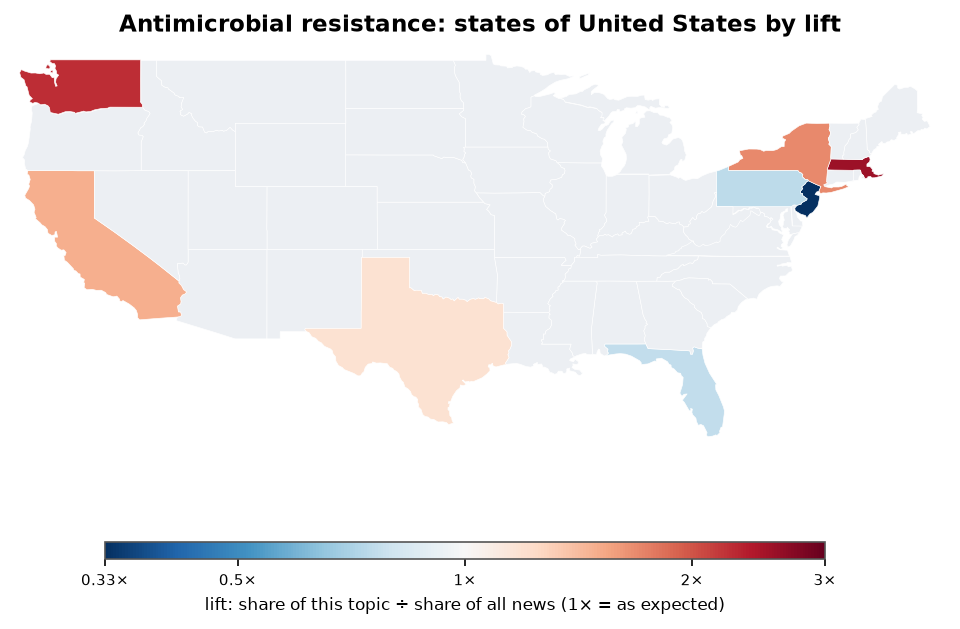Antimicrobial resistance: United States: coverage by state against US located news