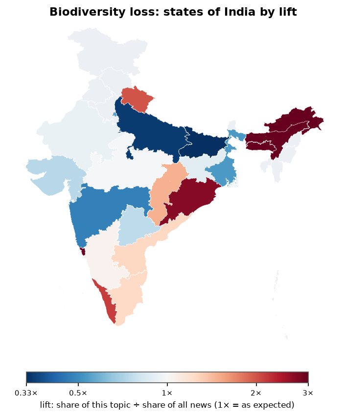 Biodiversity loss: India: coverage by state against India's located news (official outline)
