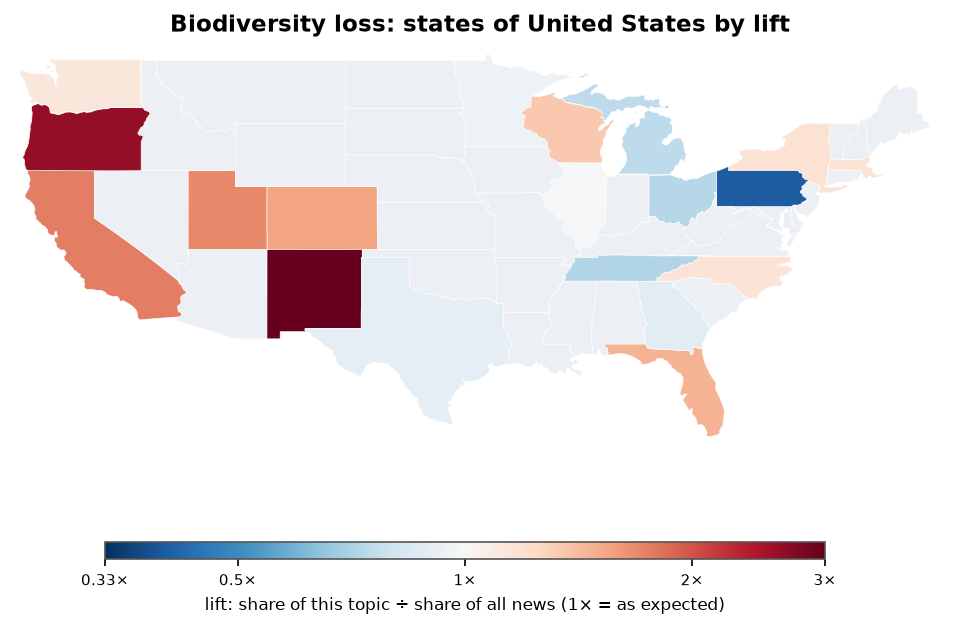 Biodiversity loss: United States: coverage by state against US located news