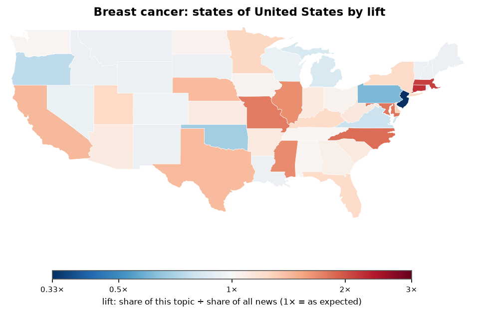 Breast cancer: United States: coverage by state against US located news
