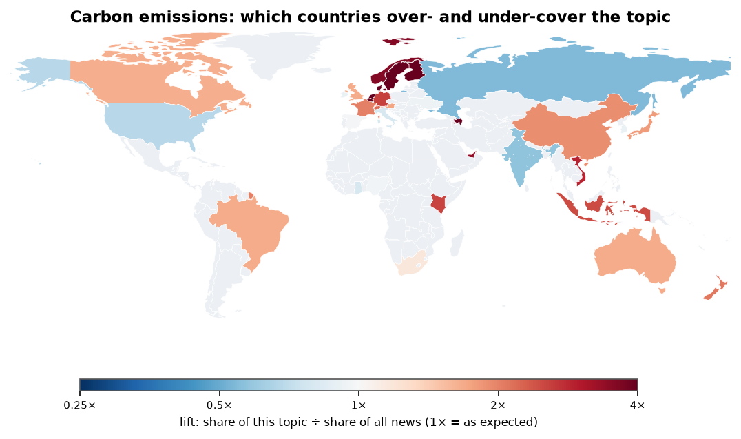Carbon emissions: World map: over- and under-coverage by country against all located news