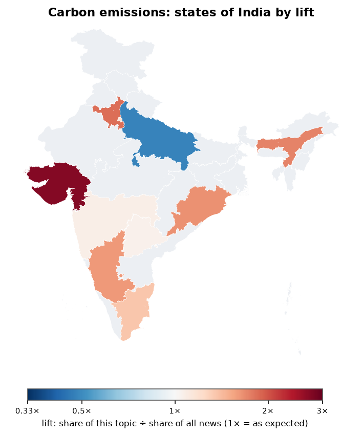 Carbon emissions: India: coverage by state against India's located news (official outline)