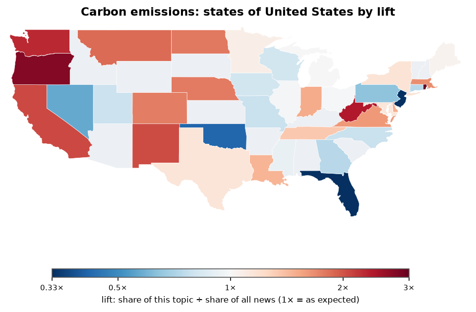 Carbon emissions: United States: coverage by state against US located news