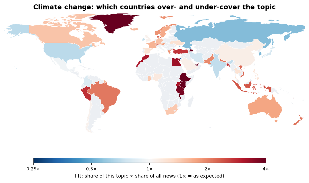 Climate change: World map: over- and under-coverage by country against all located news