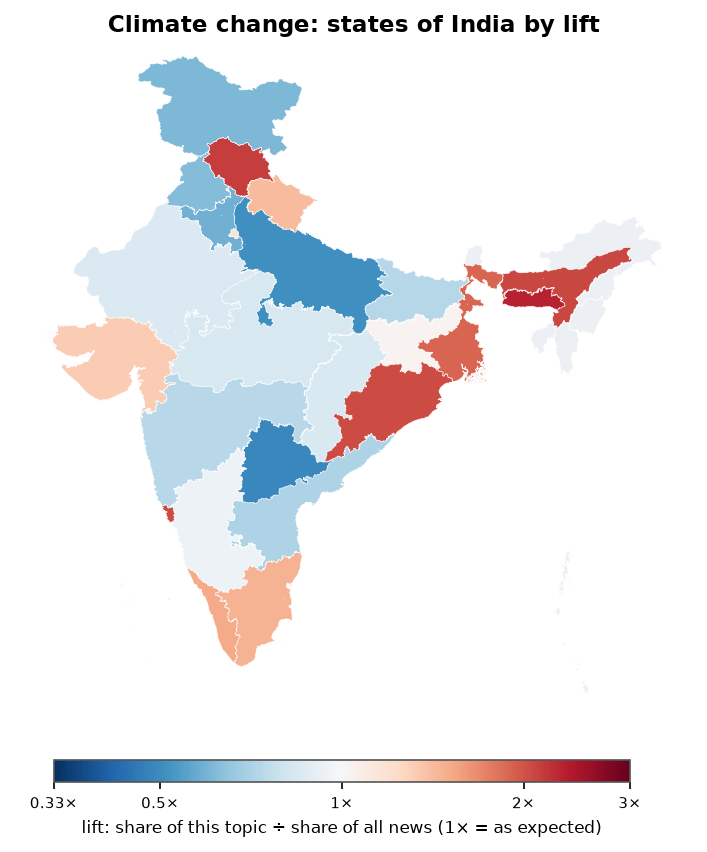 Climate change: India: coverage by state against India's located news (official outline)