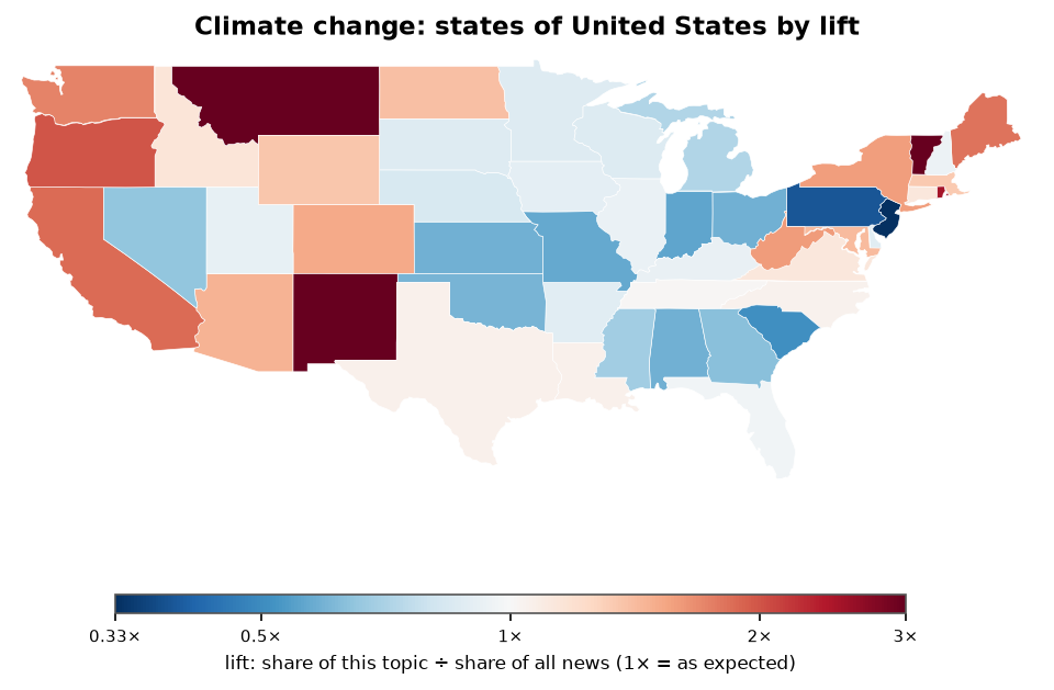 Climate change: United States: coverage by state against US located news