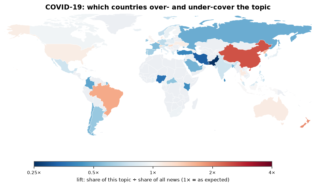 COVID-19: World map: over- and under-coverage by country against all located news