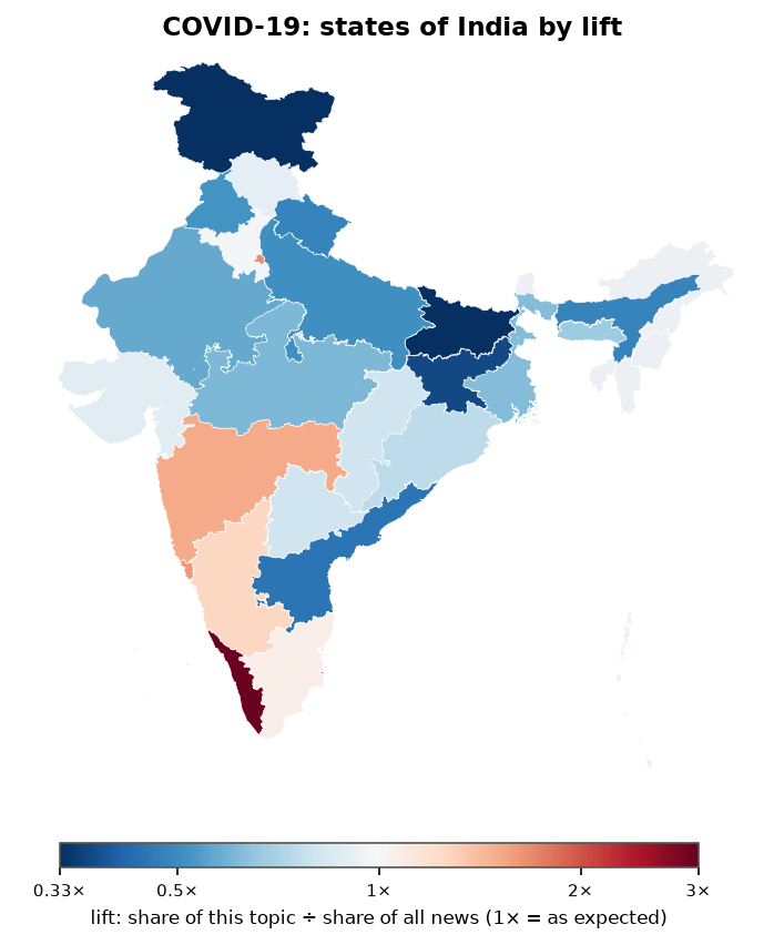 COVID-19: India: coverage by state against India's located news (official outline)