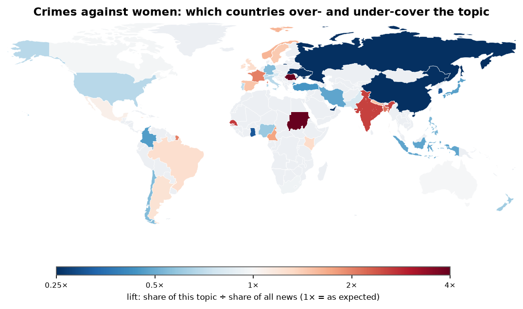 Crimes against women: World map: over- and under-coverage by country against all located news