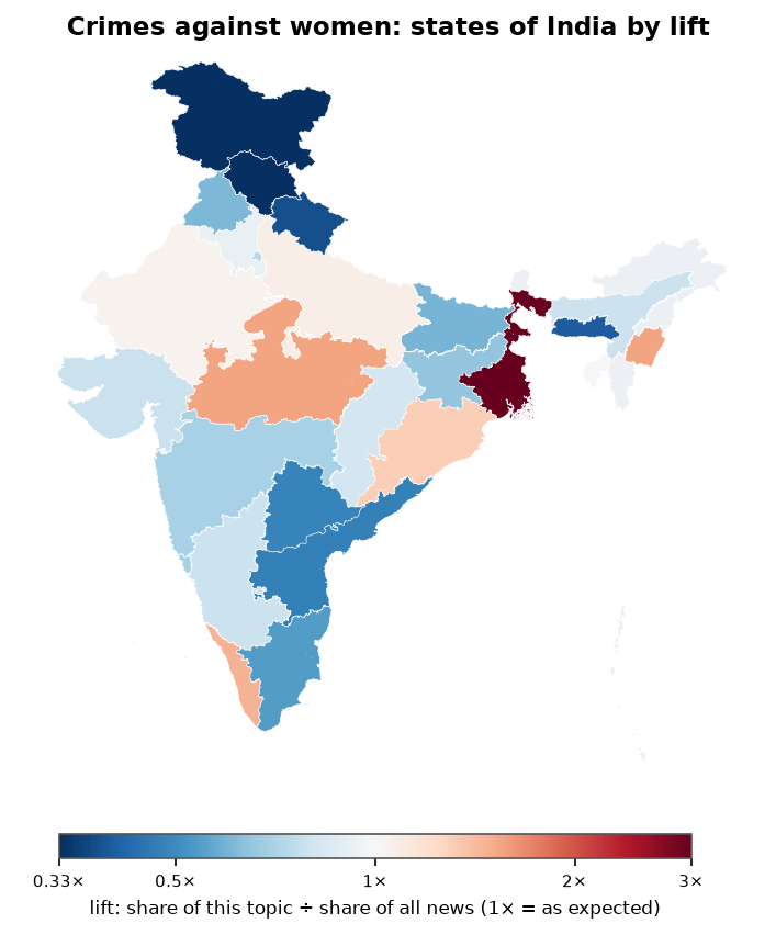 Crimes against women: India: coverage by state against India's located news (official outline)
