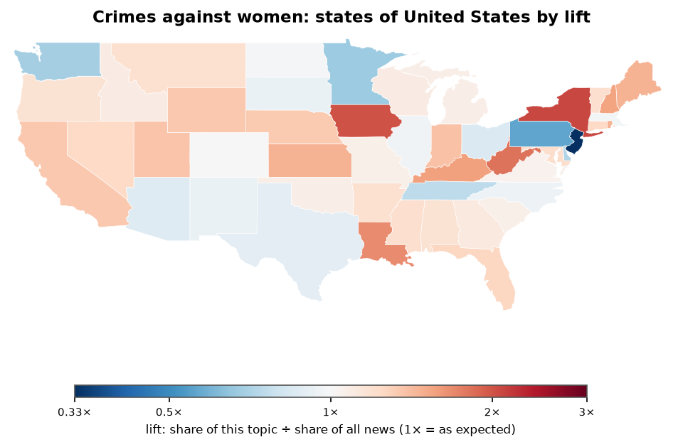Crimes against women: United States: coverage by state against US located news