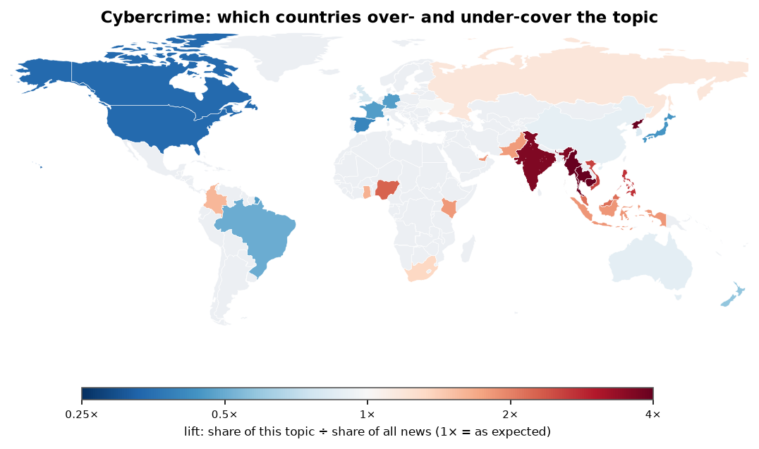 Cybercrime: World map: over- and under-coverage by country against all located news
