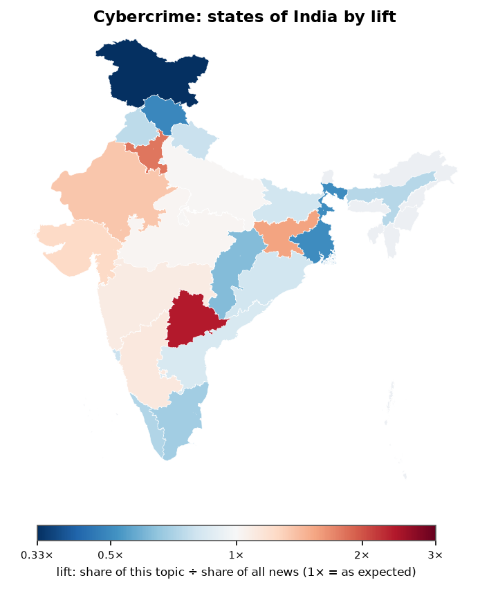 Cybercrime: India: coverage by state against India's located news (official outline)