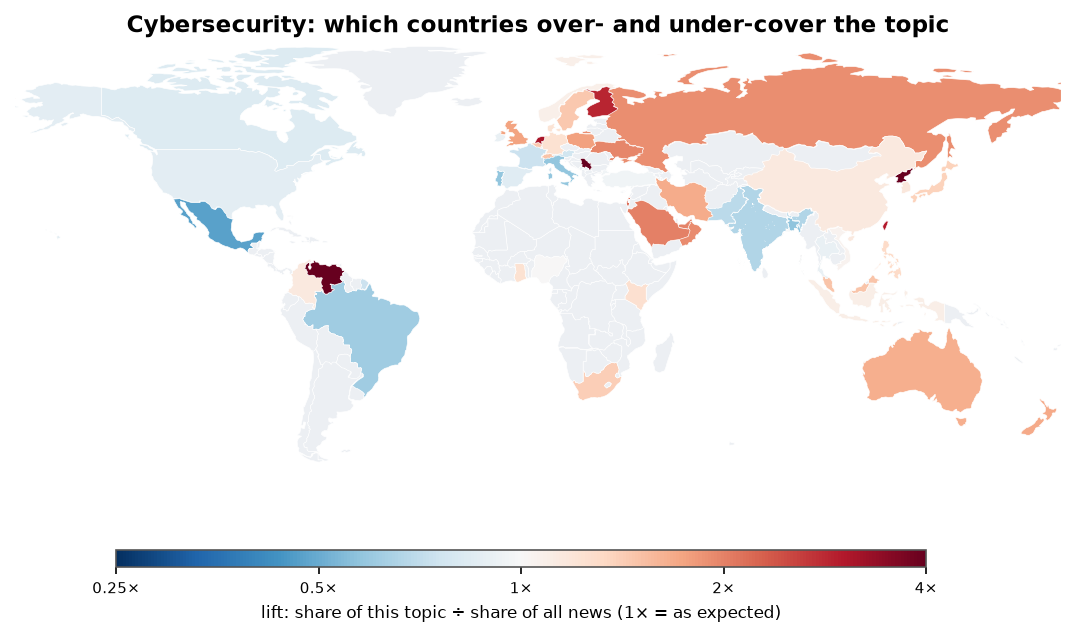 Cybersecurity: World map: over- and under-coverage by country against all located news