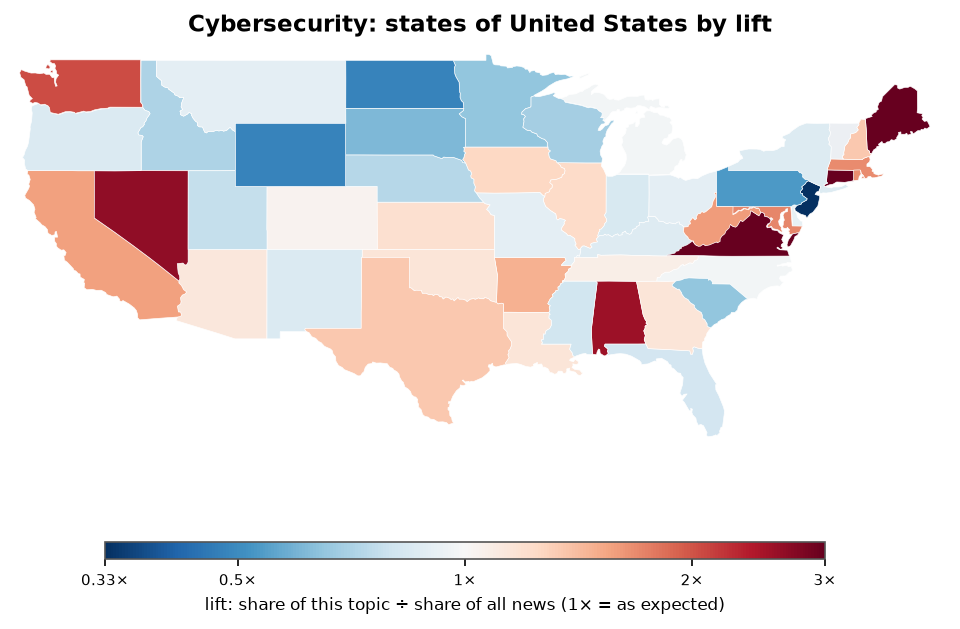 Cybersecurity: United States: coverage by state against US located news