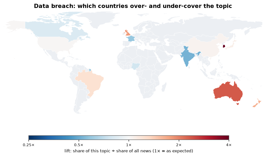 Data breach: World map: over- and under-coverage by country against all located news