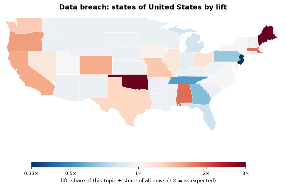 Data breach: United States: coverage by state against US located news
