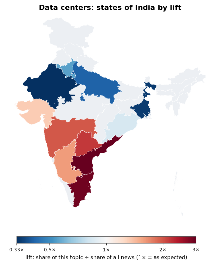 Data centers: India: coverage by state against India's located news (official outline)