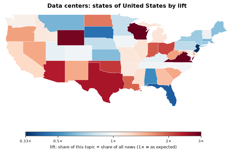 Data centers: United States: coverage by state against US located news
