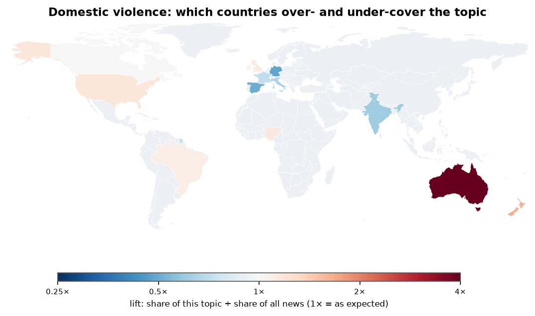 Domestic violence: World map: over- and under-coverage by country against all located news