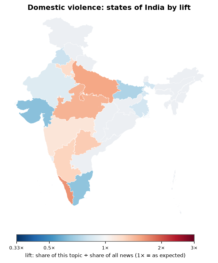 Domestic violence: India: coverage by state against India's located news (official outline)