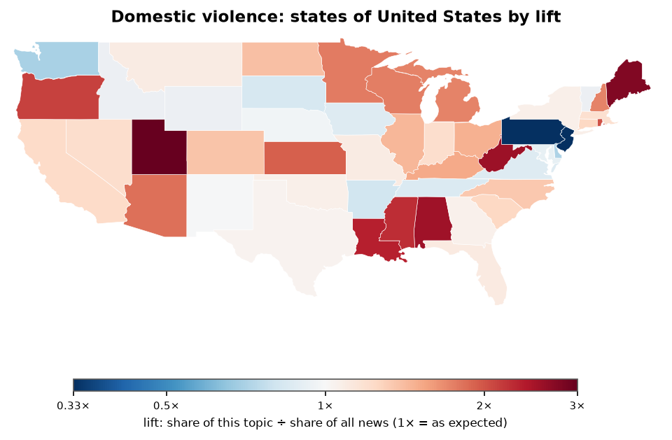 Domestic violence: United States: coverage by state against US located news