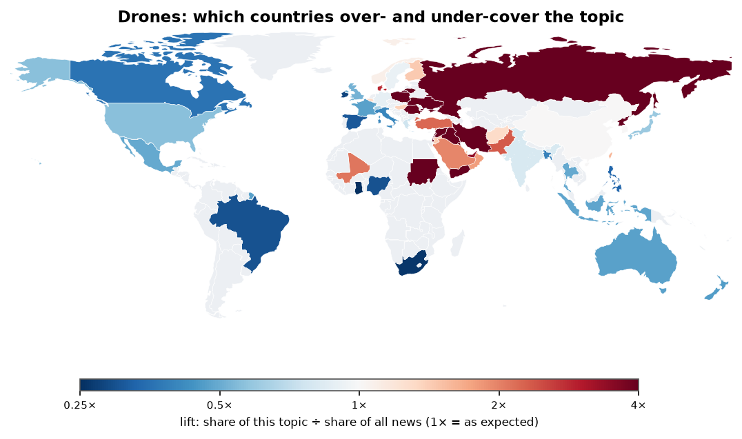 Drones: World map: over- and under-coverage by country against all located news