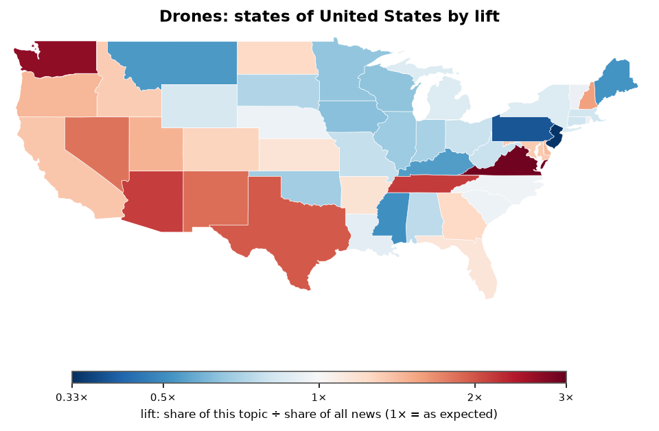 Drones: United States: coverage by state against US located news