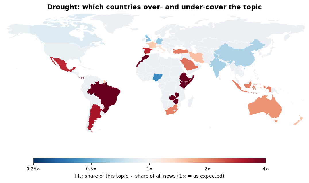 Drought: World map: over- and under-coverage by country against all located news