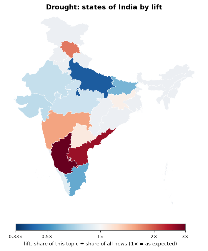 Drought: India: coverage by state against India's located news (official outline)