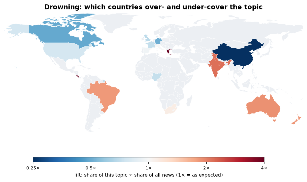 Drowning: World map: over- and under-coverage by country against all located news