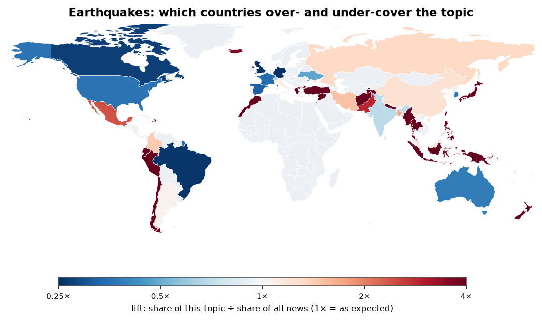 Earthquakes: World map: over- and under-coverage by country against all located news