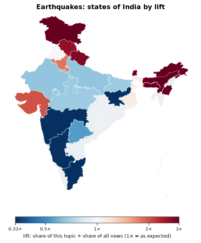Earthquakes: India: coverage by state against India's located news (official outline)