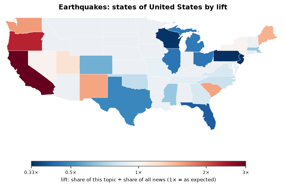 Earthquakes: United States: coverage by state against US located news