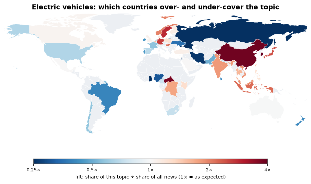 Electric vehicles: World map: over- and under-coverage by country against all located news