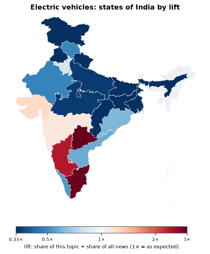 Electric vehicles: India: coverage by state against India's located news (official outline)