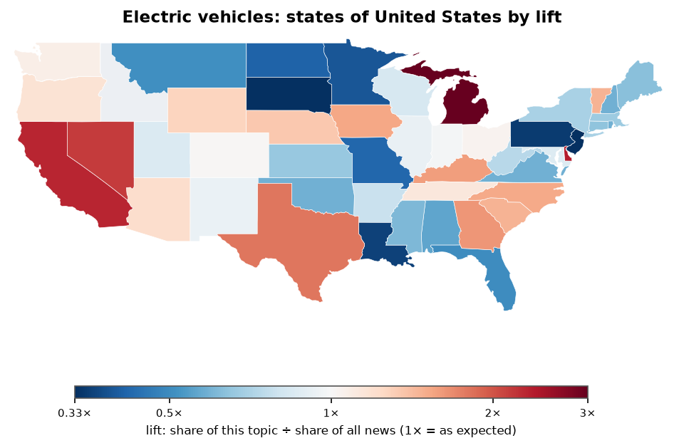 Electric vehicles: United States: coverage by state against US located news