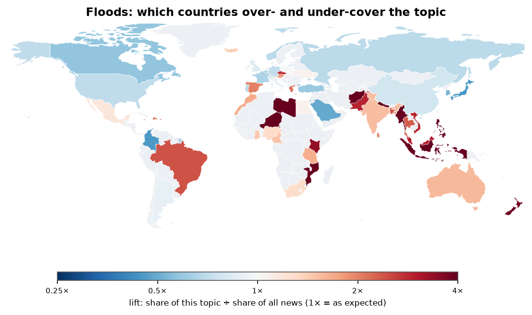 Floods: World map: over- and under-coverage by country against all located news