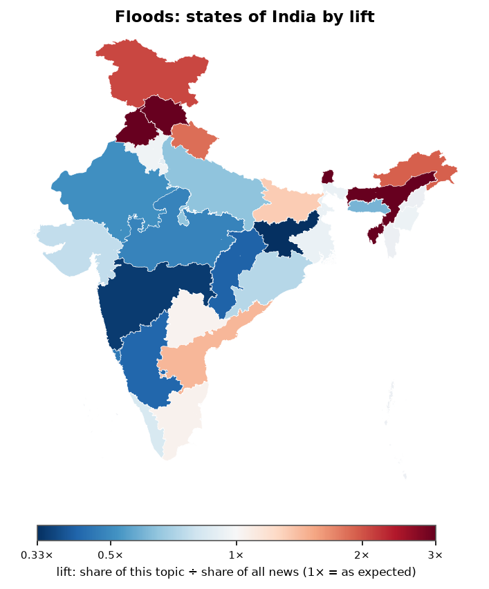 Floods: India: coverage by state against India's located news (official outline)