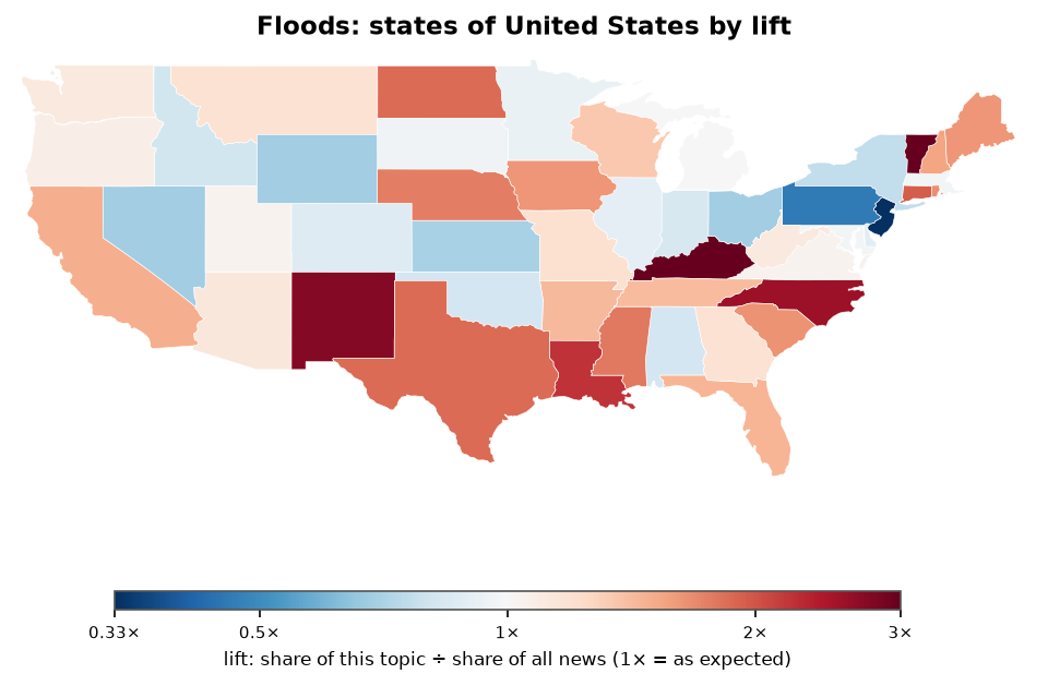Floods: United States: coverage by state against US located news