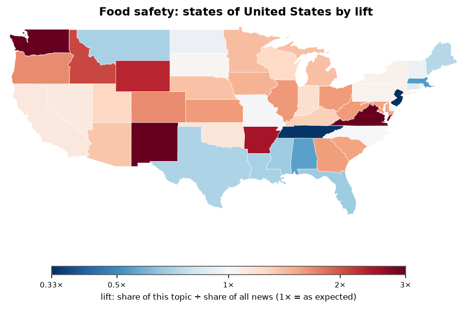 Food safety: United States: coverage by state against US located news
