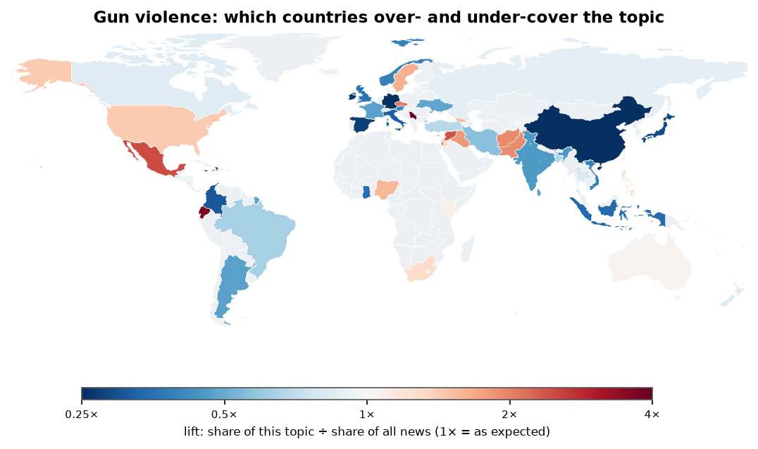 Gun violence: World map: over- and under-coverage by country against all located news